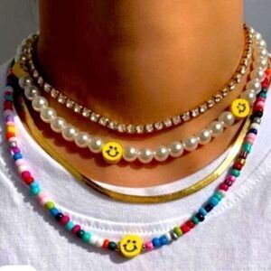 NWT - Multi-layer Smiley Pearl Rainbow Choker Acrylic Colorful Beads 4 Necklaces